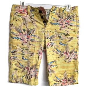 JET LAG Shorts Mens 32 Yellow Floral Hawaiian Canvas Chino Button Fly Beach